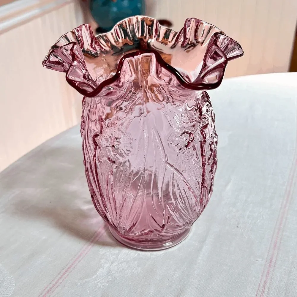 Vintage Fenton Glass Large Dark Pink Daffodil Flower Vase